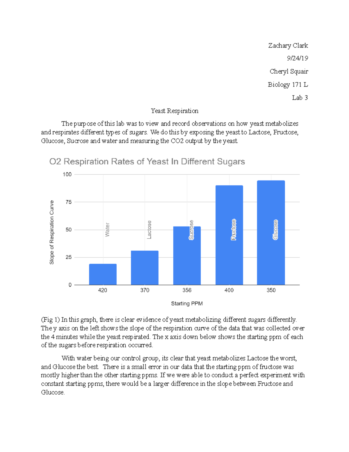 Homework 3 yeast lab - Grade: A - Zachary Clark 9/24/ Cheryl Squair ...