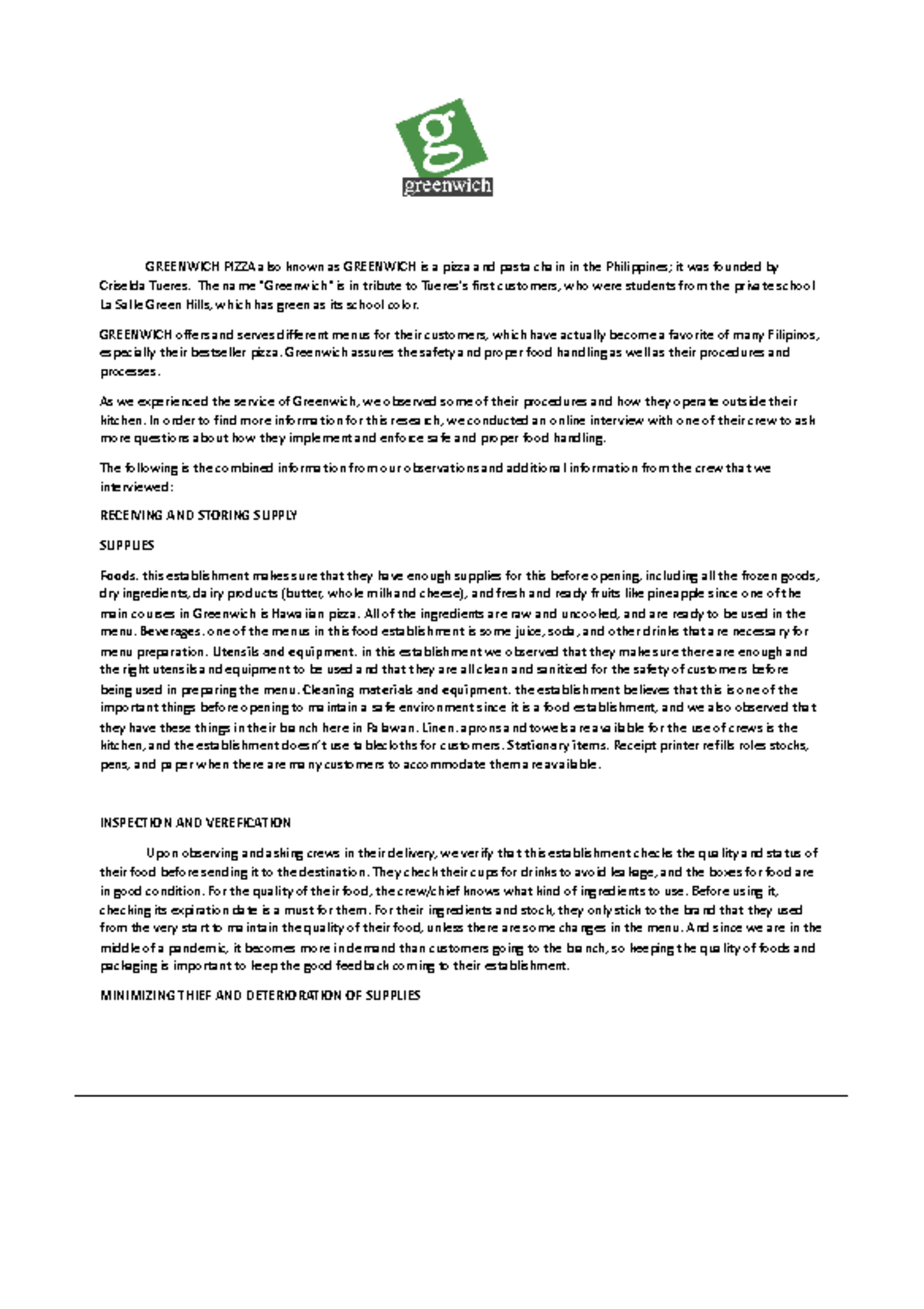 Greenwich Pizza RISK Management - GREENWICH PIZZA also known as ...