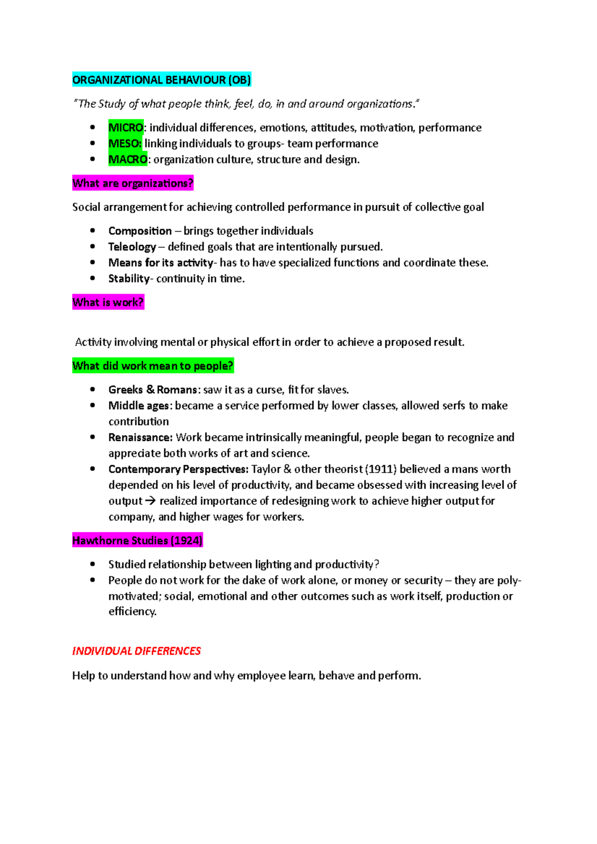 Org behaviour lecture notes - ORGANIZATIONAL BEHAVIOUR (OB) “The Study ...
