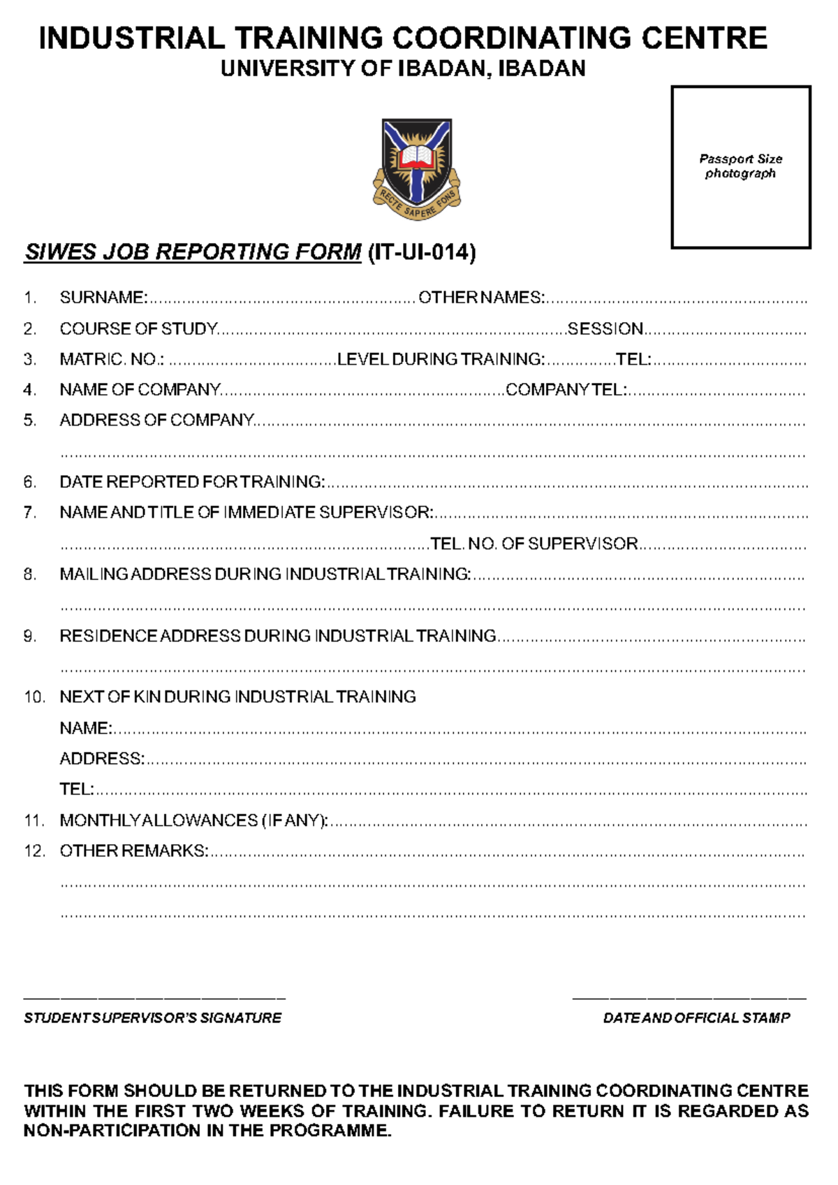 Siwes JOB Reporting FORM - SIWES JOB REPORTING FORM (IT-UI-014 ...