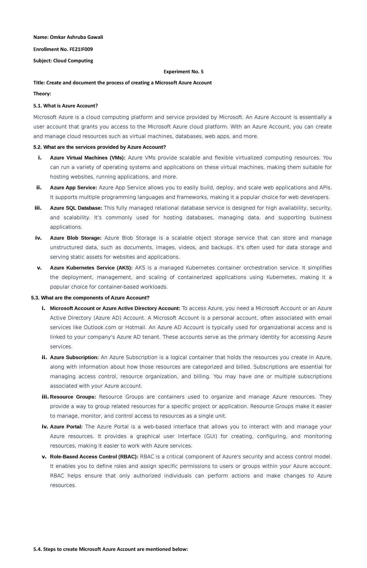CC Experiment No 5 - Case Study on azure account - Name: Omkar Ashruba ...