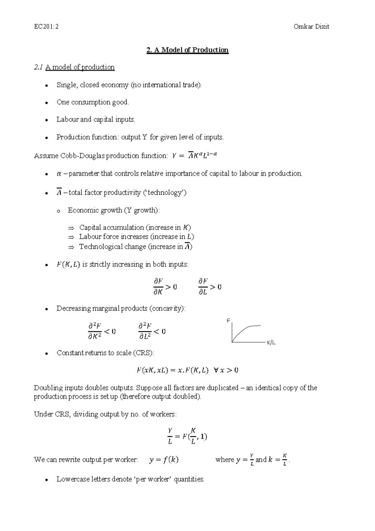 Lecture 2 - A Model of Production - 2. A Model of Production 2 A model ...