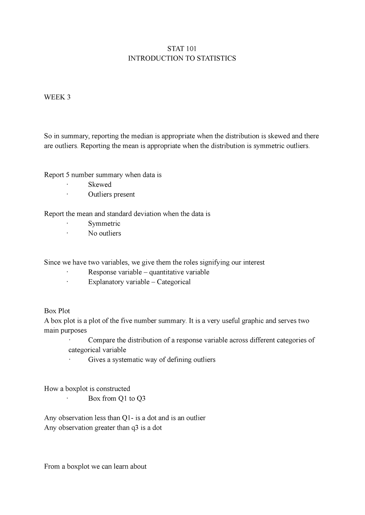 STAT 101 WEEK 3 - STAT 101 WEEK 3 - STAT 101 INTRODUCTION TO STATISTICS ...