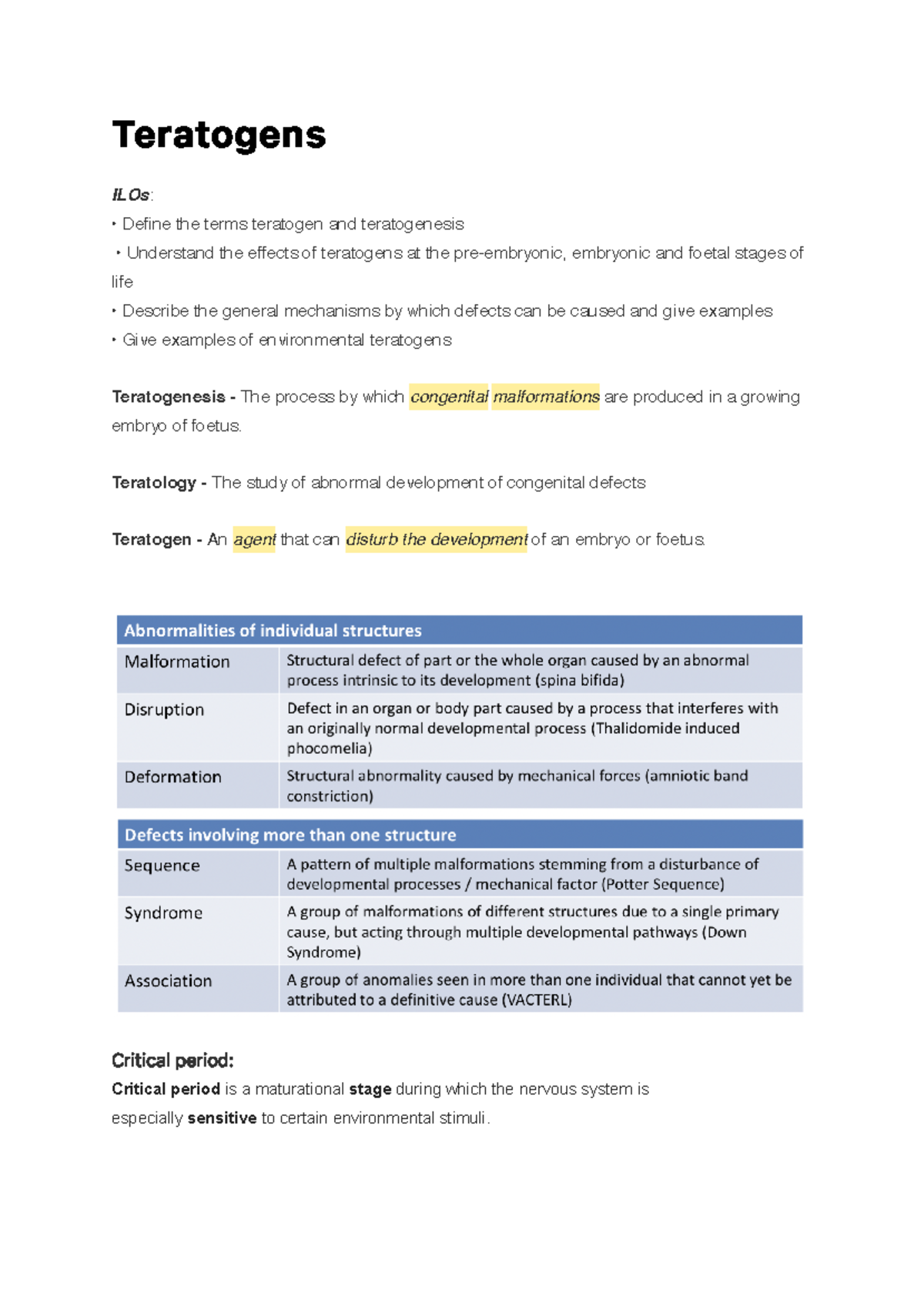 Teratogens - Te ra to g e n s ILOs: Define the terms teratogen and ...