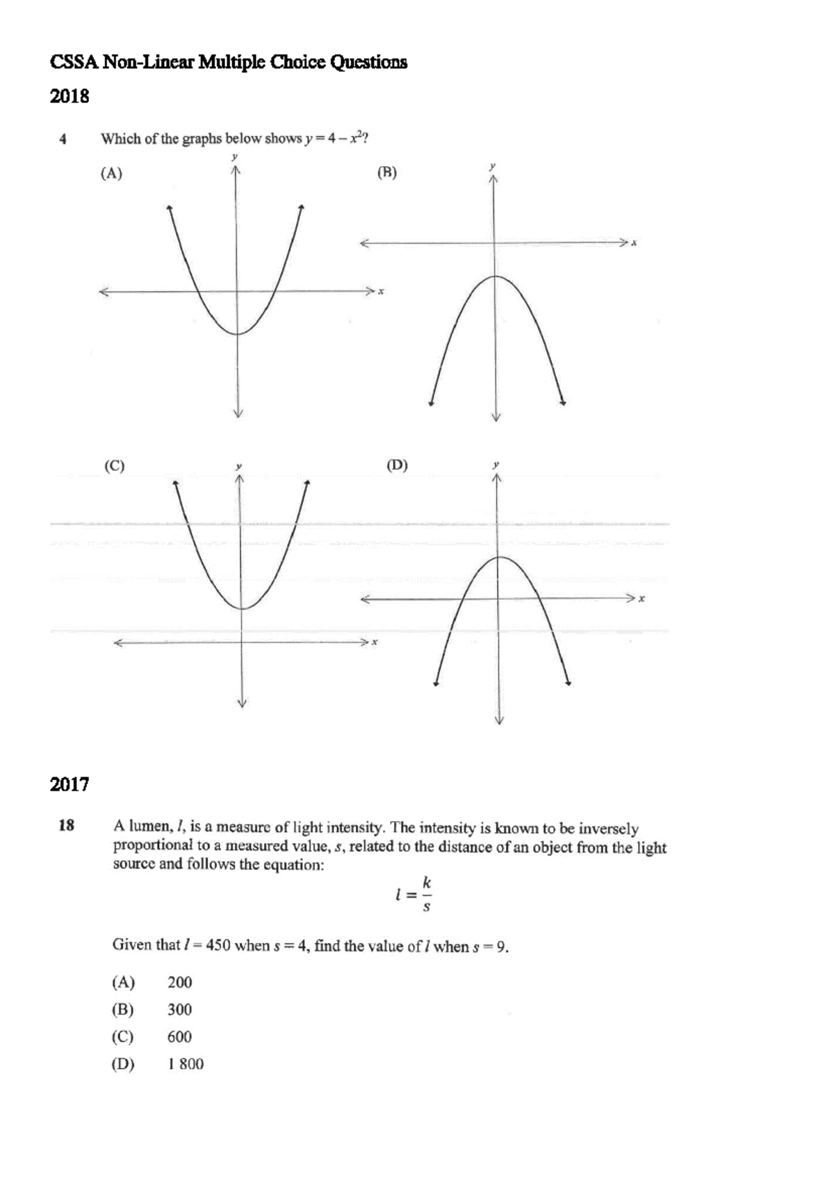 CSSA Non Linear Questions - CSSA Non-Linear Multiple Choice Questions ...