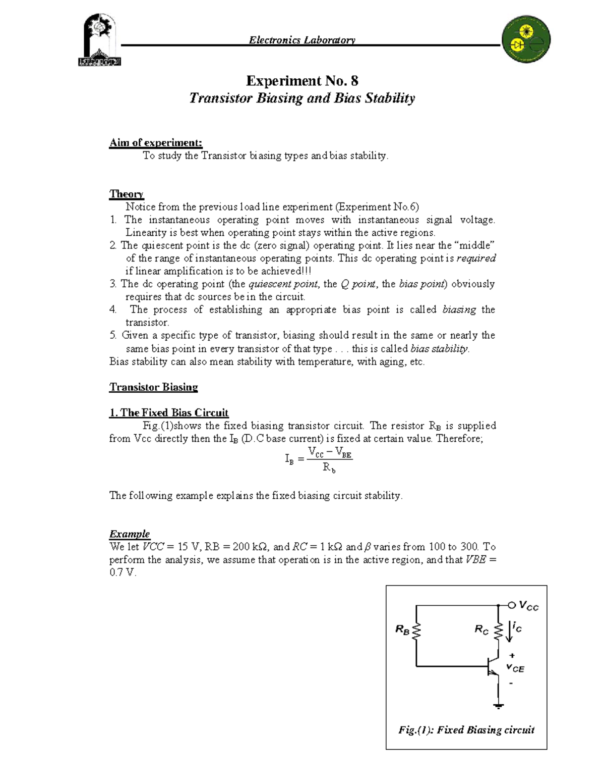 Transistor Biasing and Bias Stability Experiment No. 8 Transistor