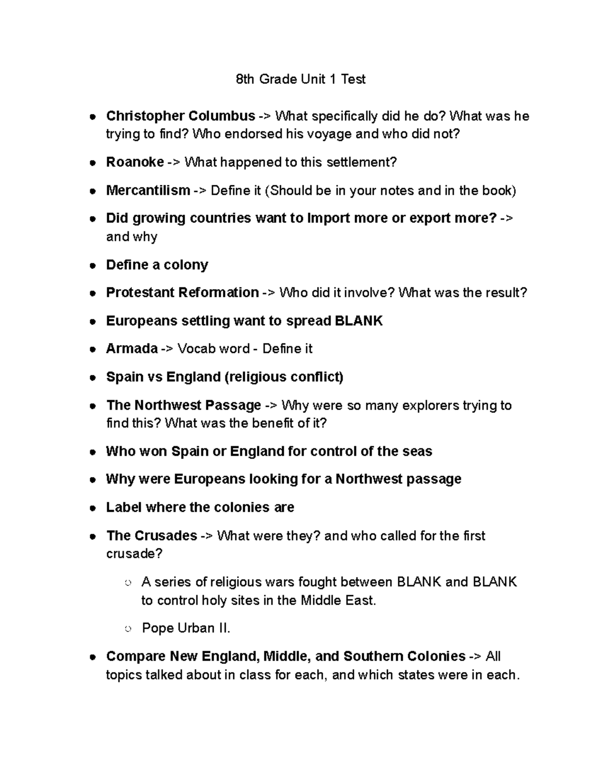 Study Guide - 8th Grade unit 1 - 8th Grade Unit 1 Test Christopher ...
