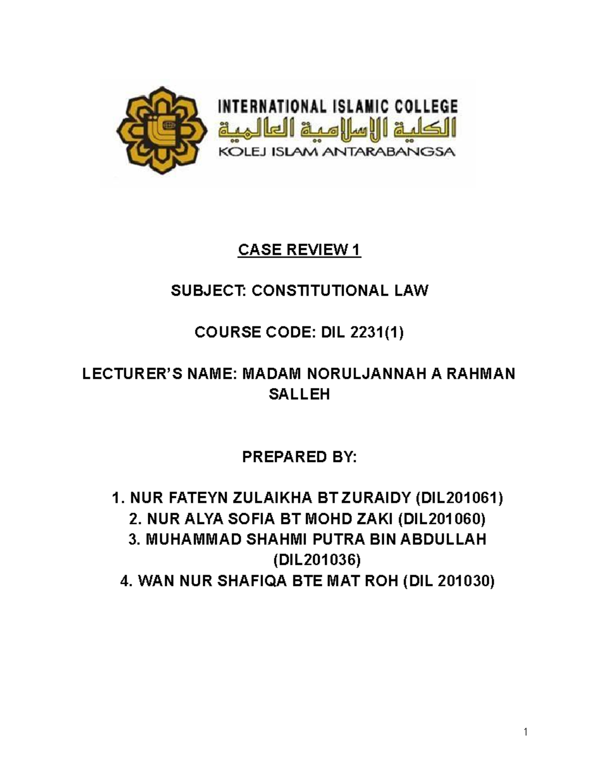 CASE Review 1 Constitutitional LAW - CASE REVIEW 1 SUBJECT ...