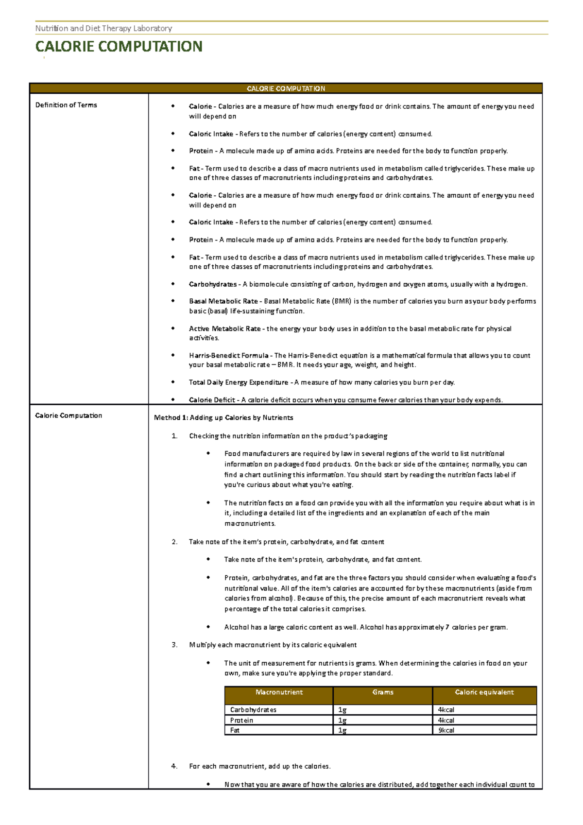 1. Calorie Computation - Nutrition and Diet Therapy Laboratory CALORIE ...