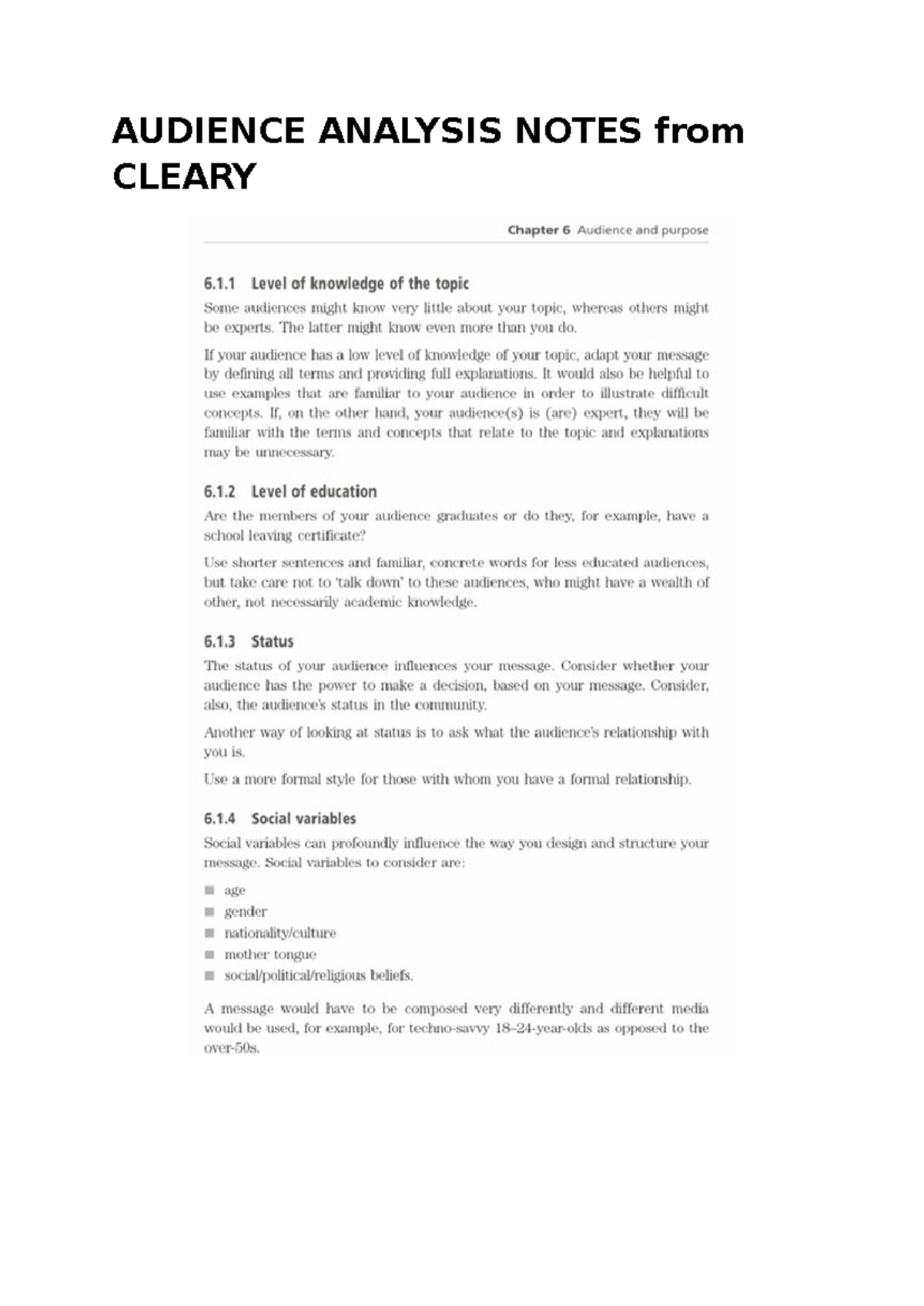 EXAM PREP QUIZ Q 2 Audience Analysis Notes from Cleary 2021 - AUDIENCE ...