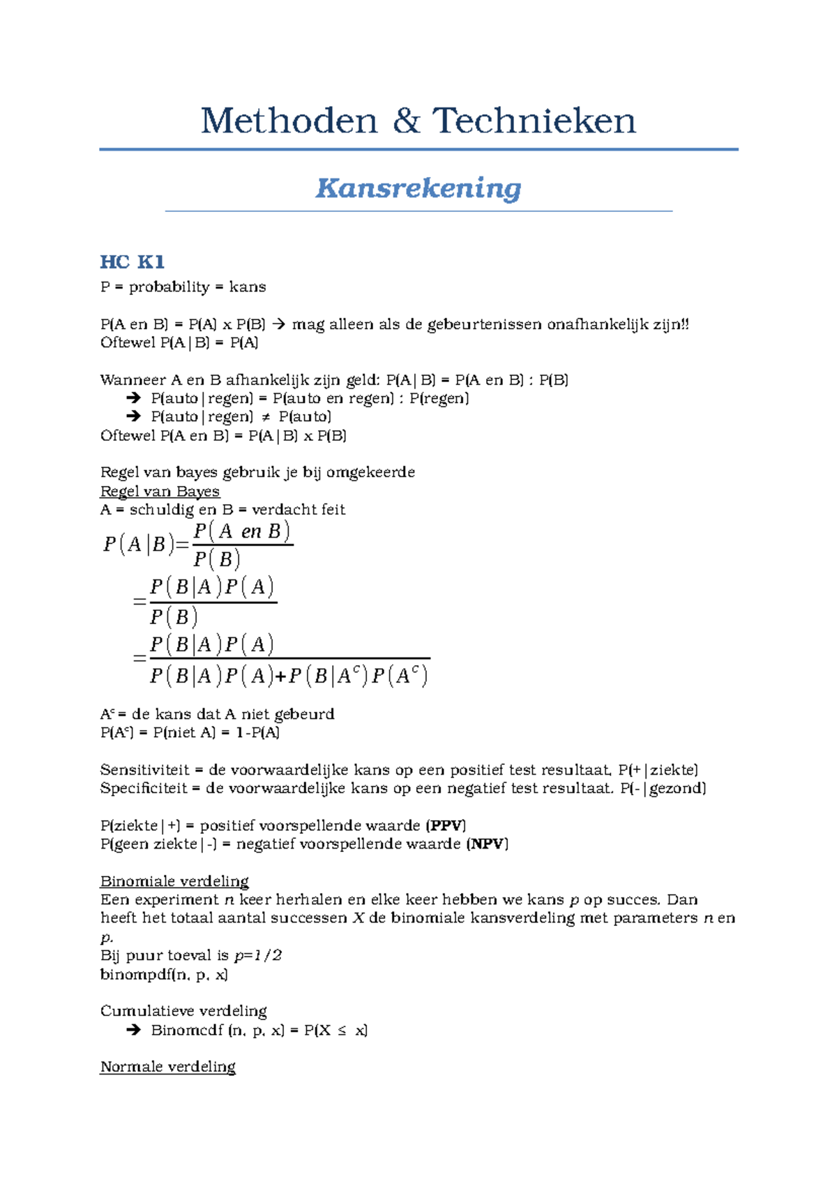 Kansrekening - Samenvatting - HC 1 En WG K3 - Methoden Technieken ...