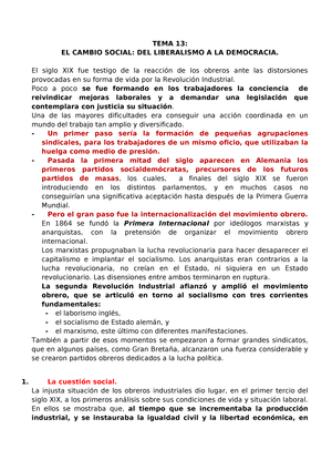 Tema 13 El Cambio Social Del Liberalismo A La Democracia Studocu