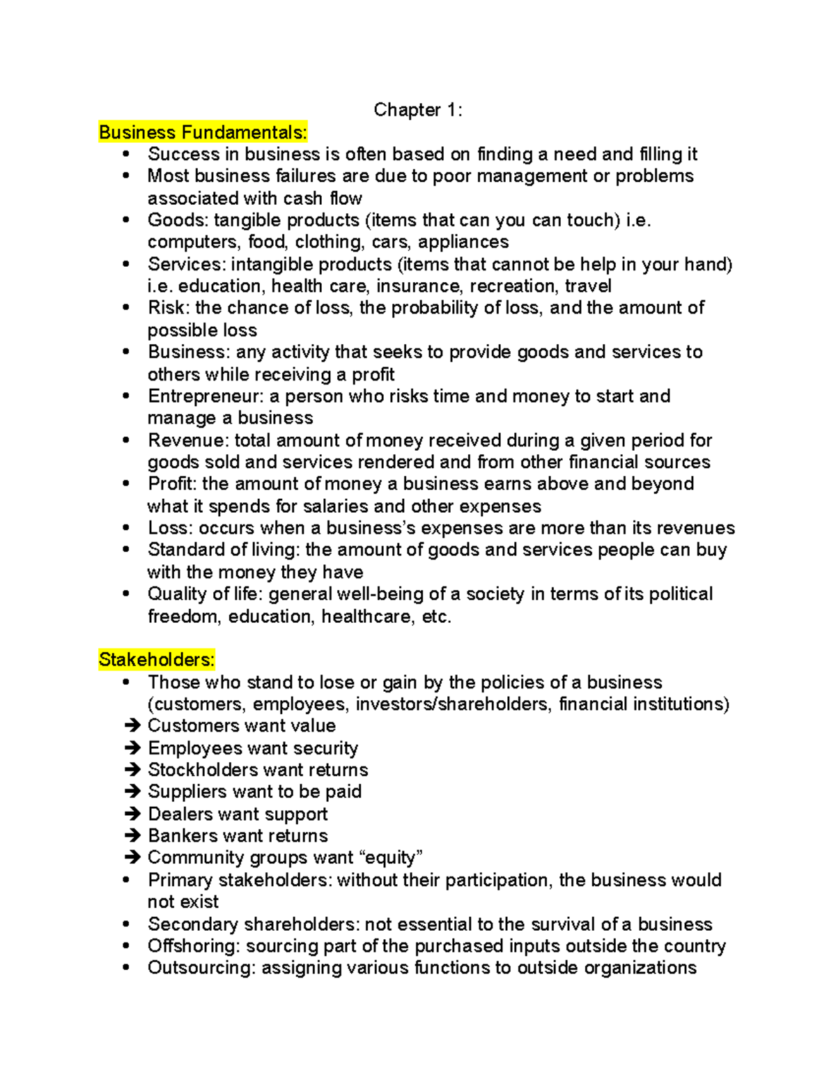 Bus I final notes - Chapter 1: Business Fundamentals: Success in ...