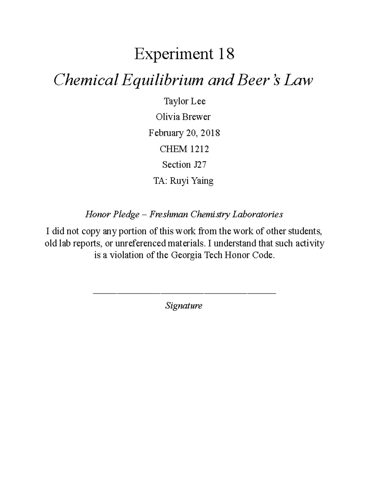 Experiment 18 This is a lab report. Experiment 18 Chemical