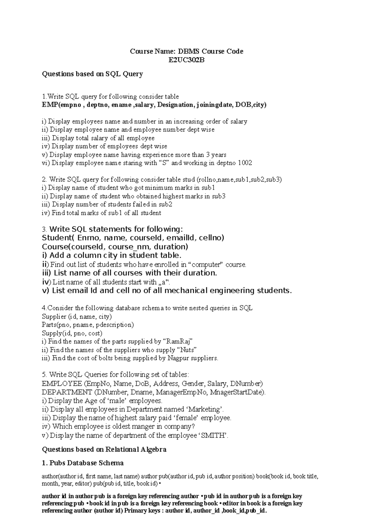 Practice sets 2 SQL and Relational Algebra - Course Name: DBMS Course ...
