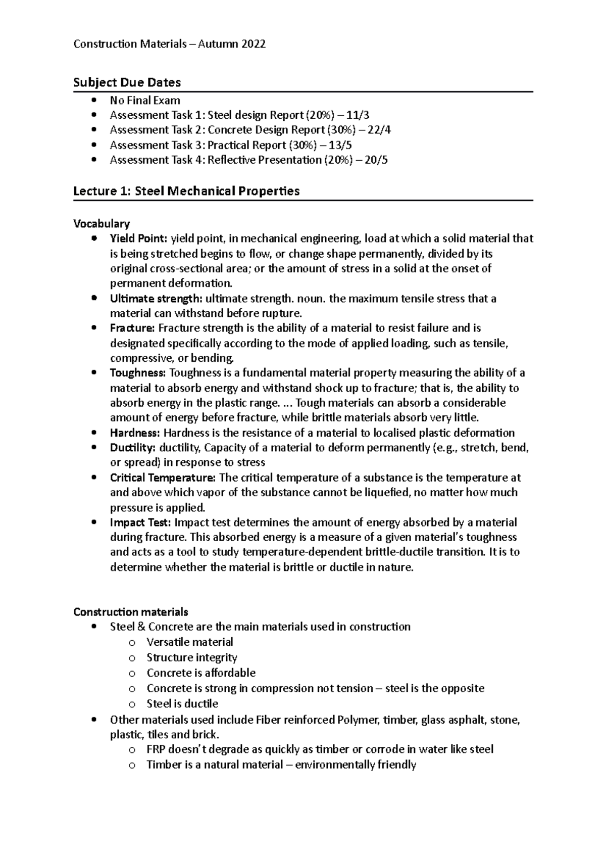 Construction Materials - Subject Due Dates No Final Exam Assessment ...