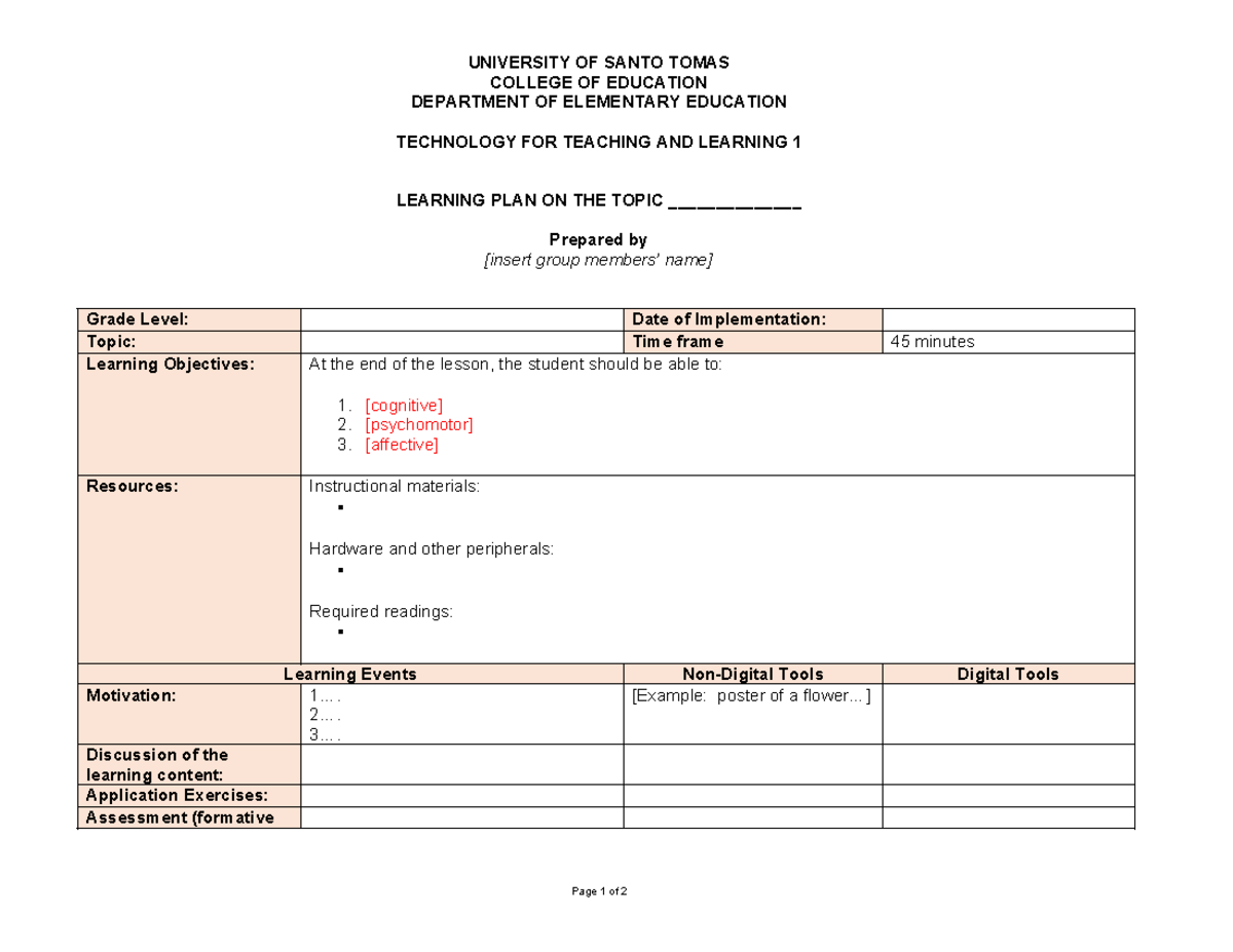 Template Learning Plan - UNIVERSITY OF SANTO TOMAS COLLEGE OF EDUCATION ...