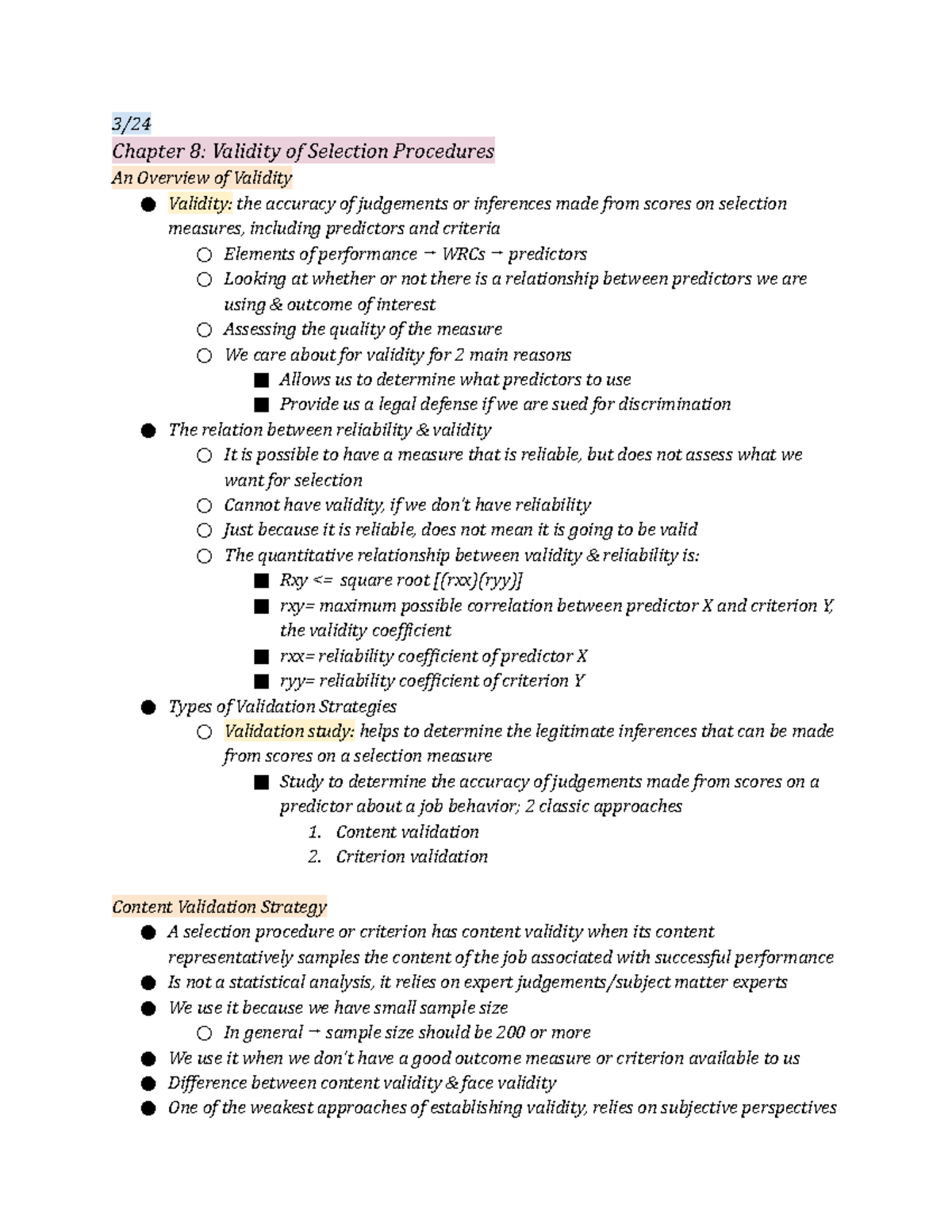 Exam 3 Notes 3/ Chapter 8 Validity of Selection Procedures An