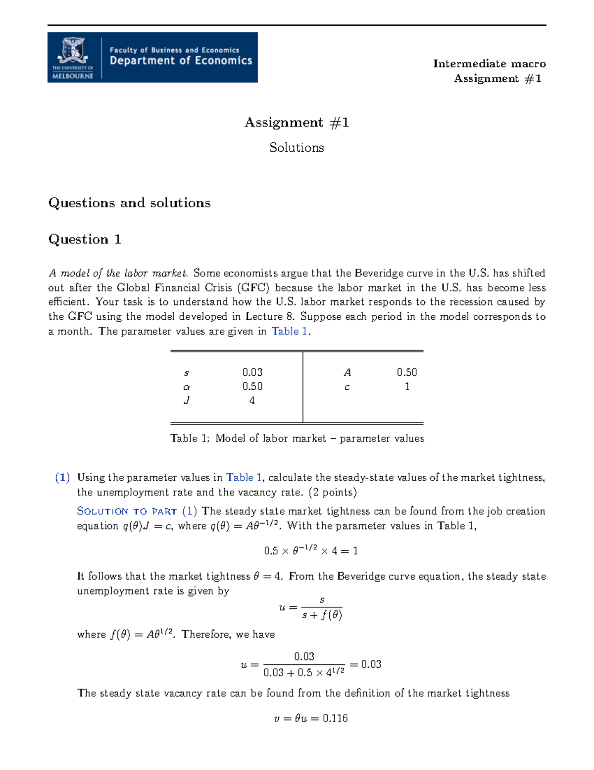 Assignment 1 solutions - Intermediate macro Assignment # Assignment ...