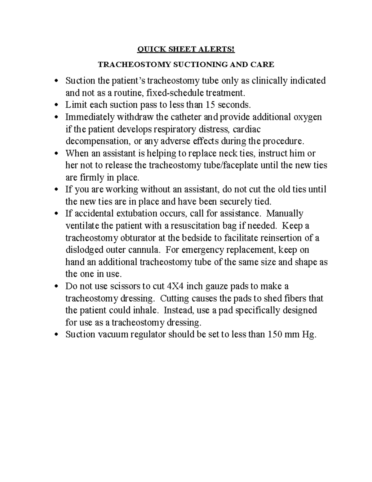 5 Lab Manual Quick Sheet Trach SuctionCare QUICK SHEET ALERTS! TRACHEOSTOMY SUCTIONING AND