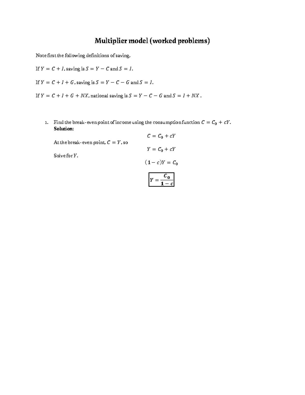 Multiplier model Problems - Multiplier model (worked problems) Note ...
