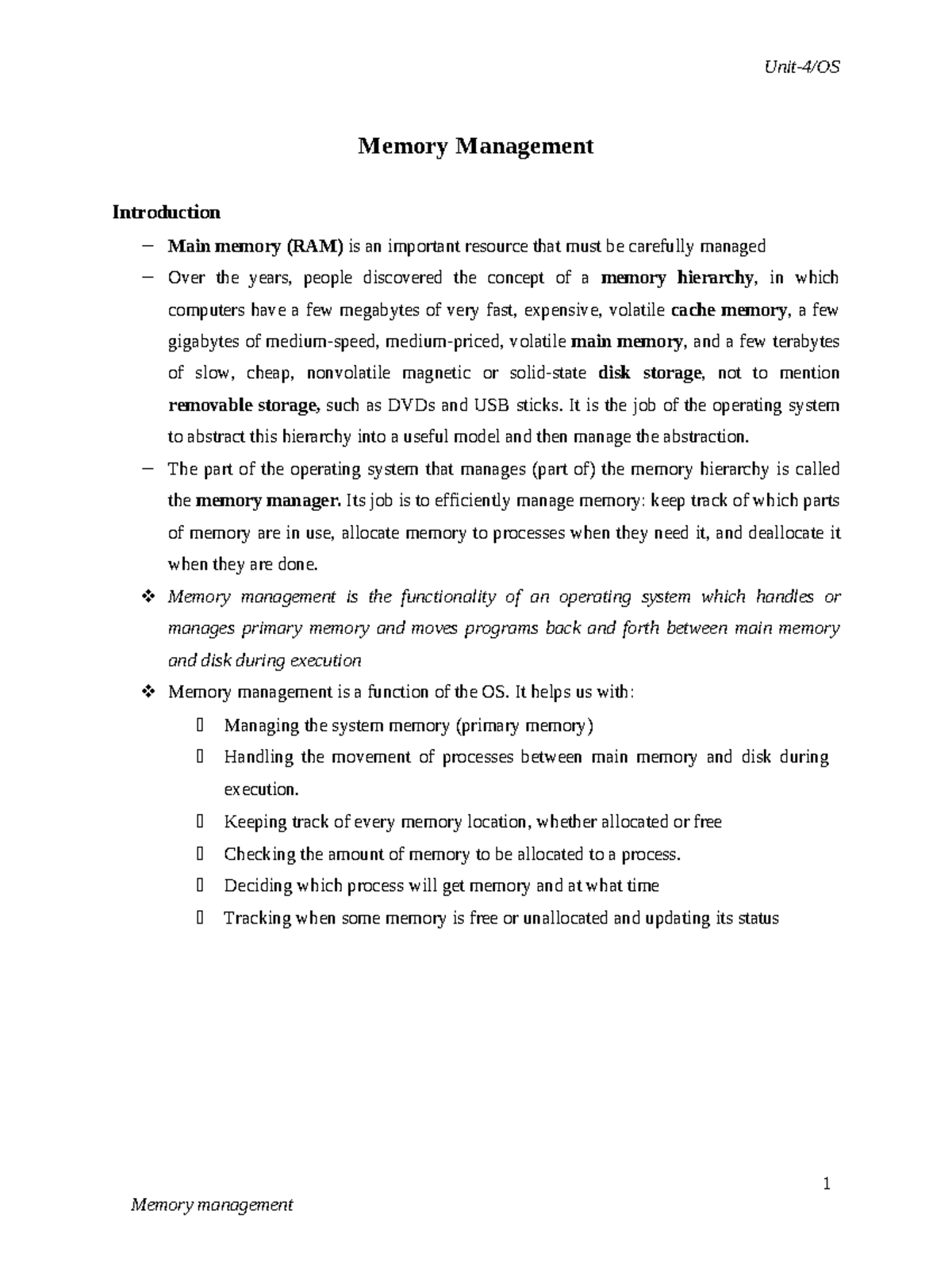 OS Unit4 - operating system - 1 Memory Management Introduction Main ...