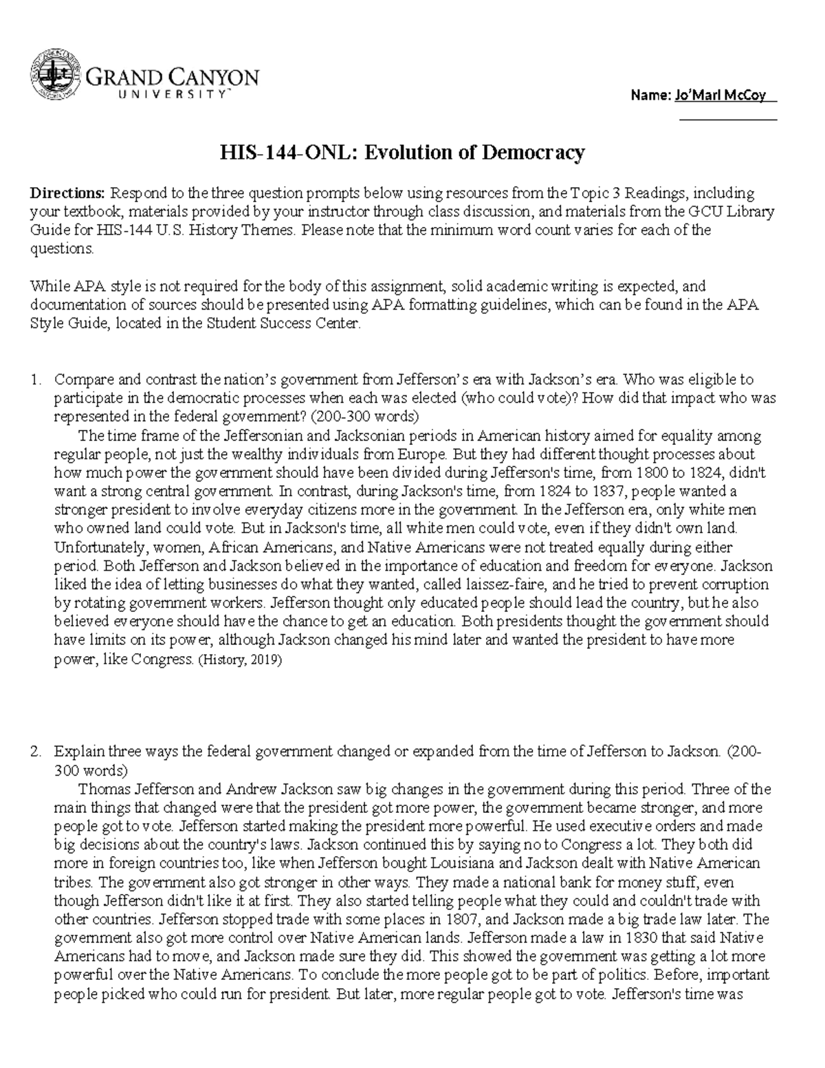 HIS144RSEvolution of Democracy Worksheet Name Jo’Mari McCoy HIS144ONL Evolution of
