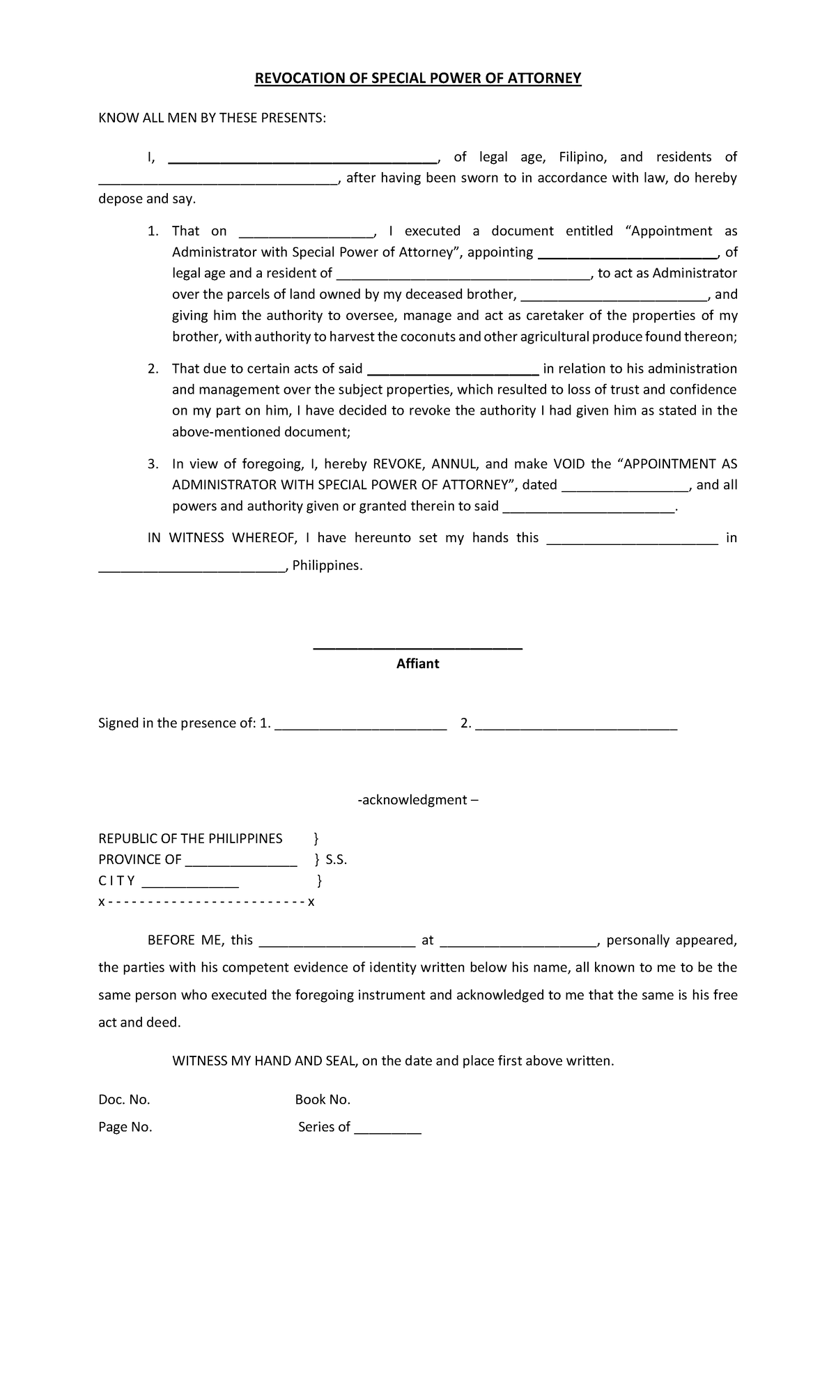 Sample Revocation Of Special Power Of Attorney Revocation Of Special Power Of Attorney Know 0177