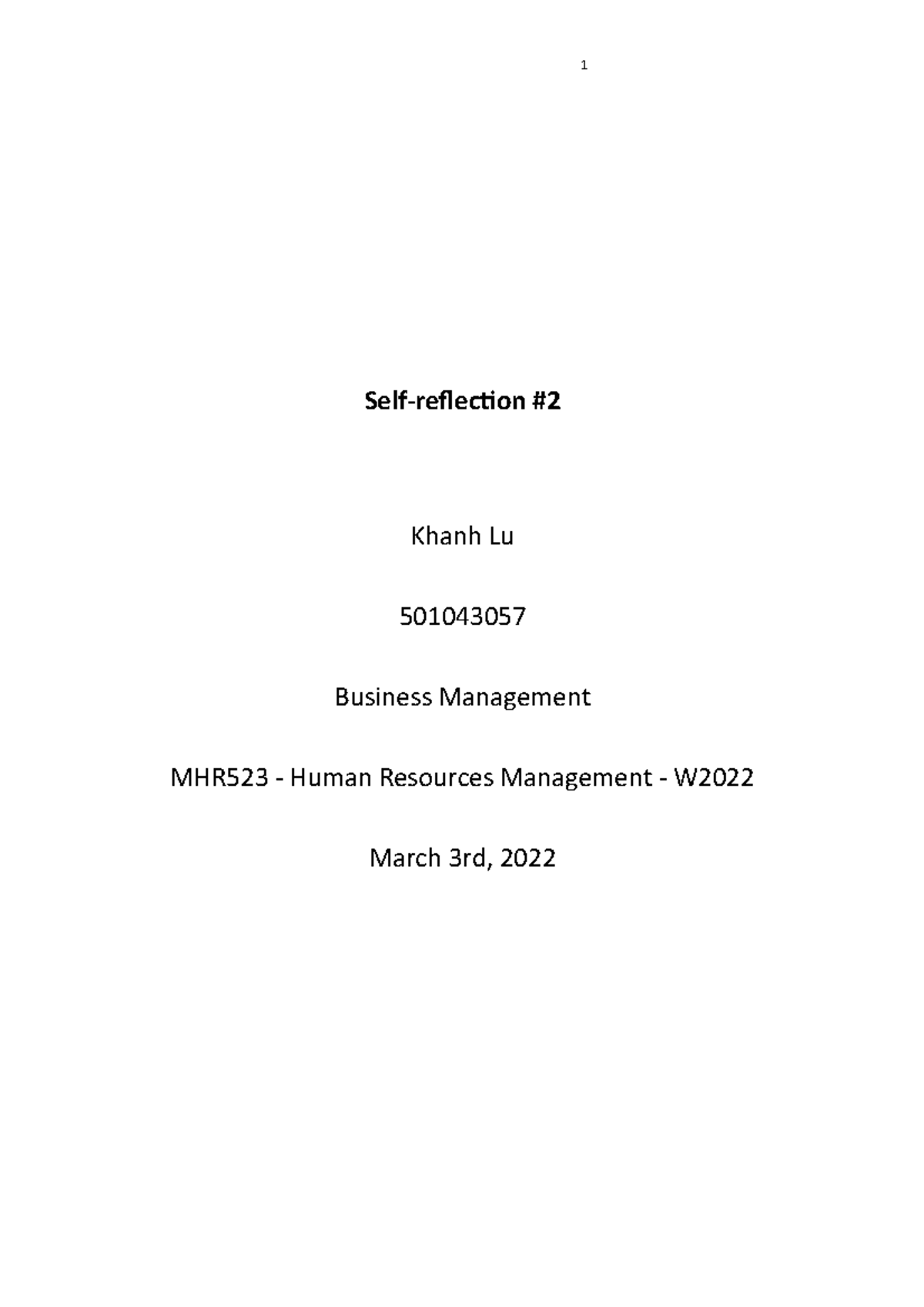 Mhr523 Self Reflection 2 Winter 2022 Semester Self Reflection Khanh