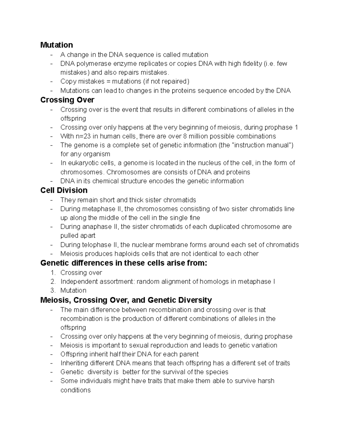 Biology Notes - mutation, crossing over, cell division, genetic ...