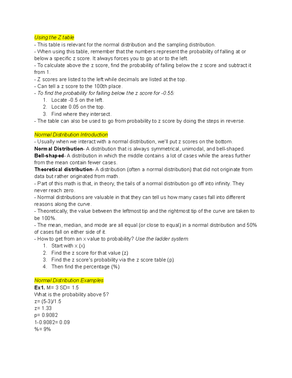PSYC 3990 Module 2 Notes - Using the Z table This table is relevant for ...