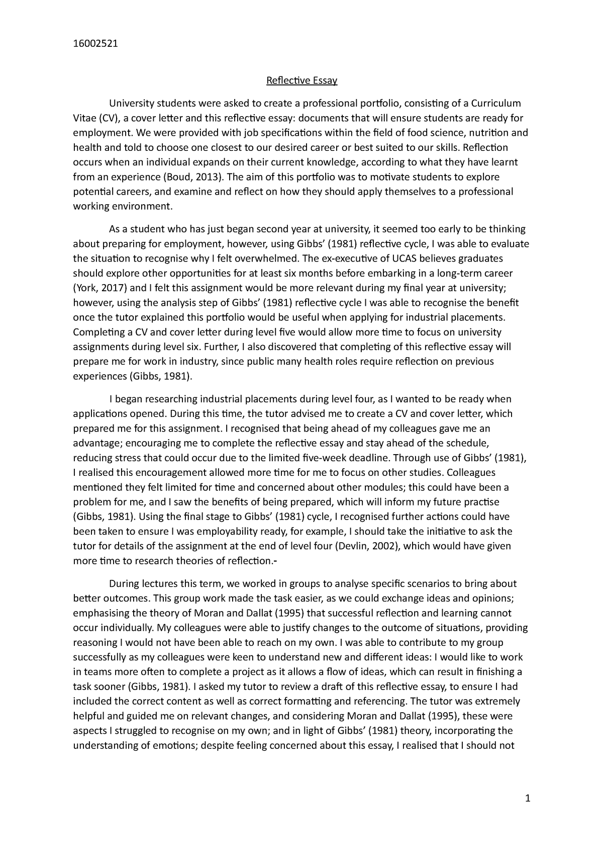 Reflective essay, 24 - Reflective Essay University students were asked ...