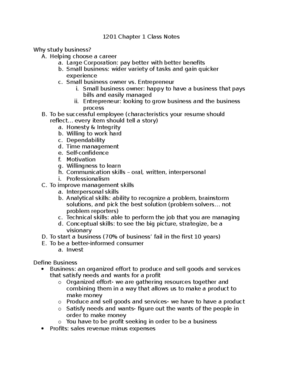 Chapter 1 Class Notes - 1201 Chapter 1 Class Notes Why study business ...