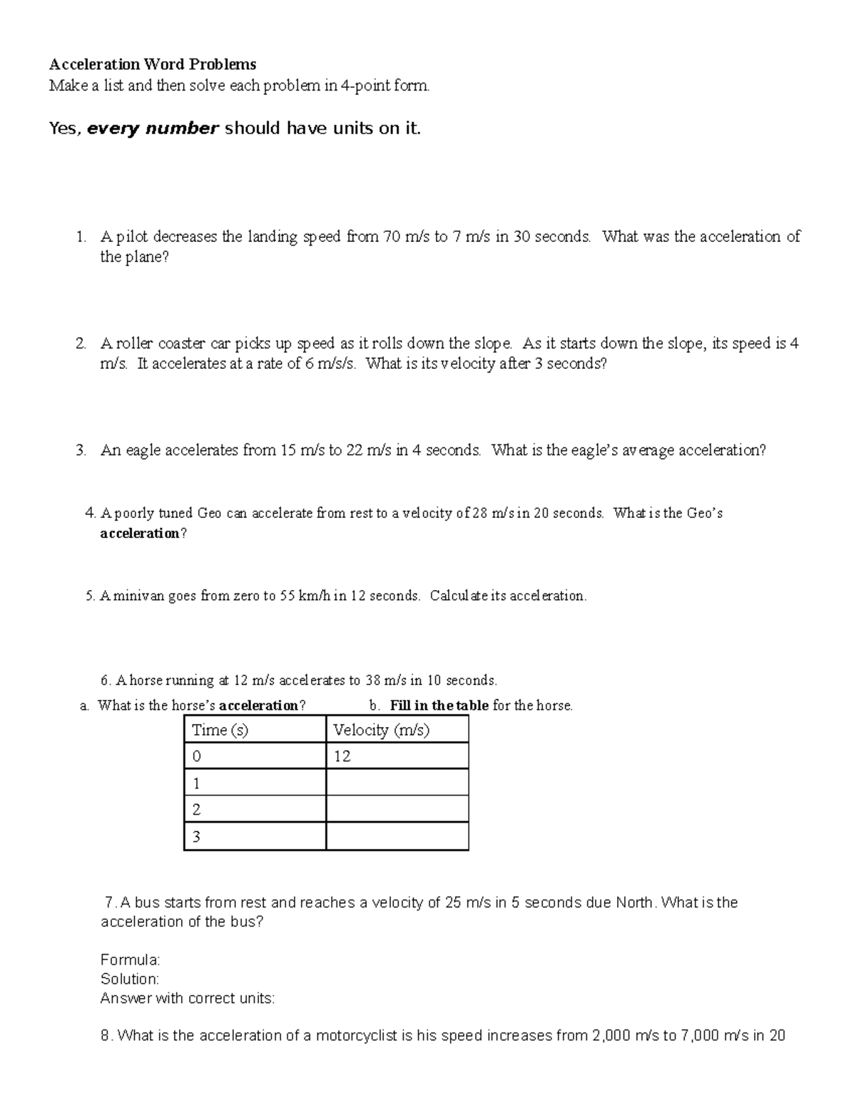 Summative Test In Acceleration Acceleration Word Problems Make A List Summative Test In Acceleration Acceleration Word Problems Make A List