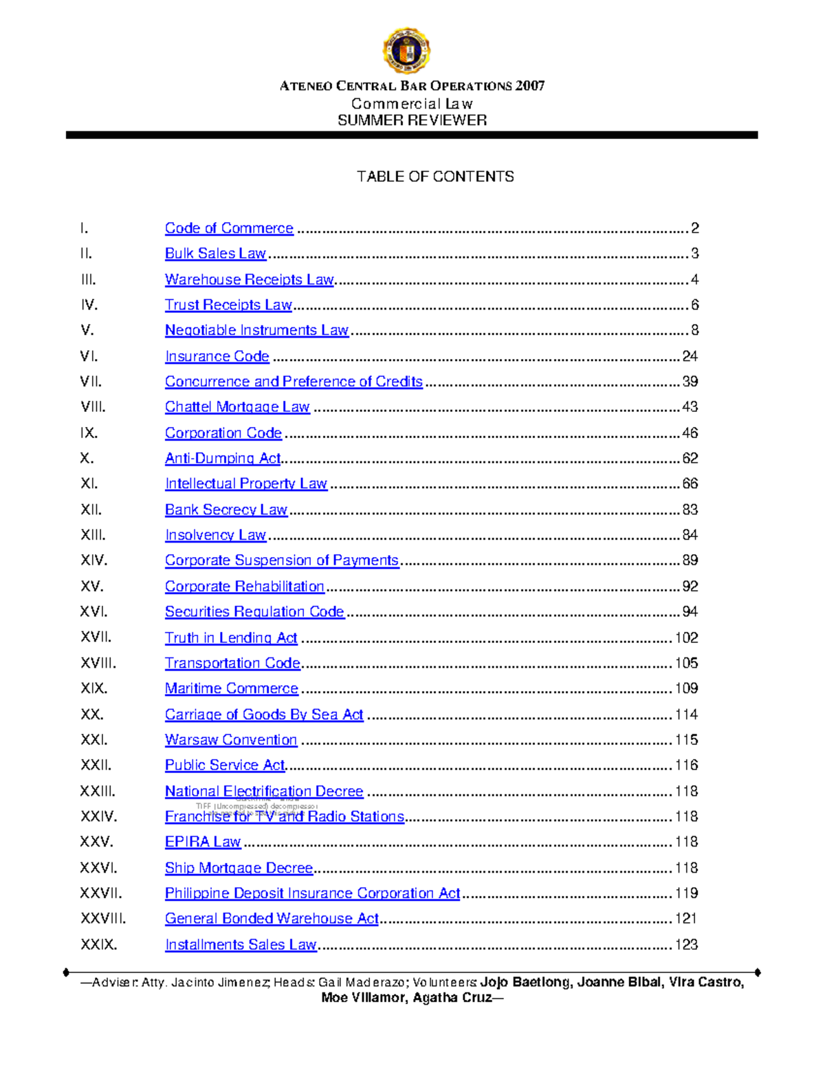 Ateneo Central Bar Operations 2007 Commercial Law Summer Reviewer ...