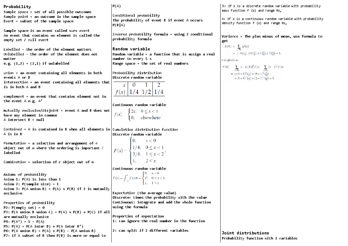 cheatsheet second half - Probability Sample space = set of all possible ...