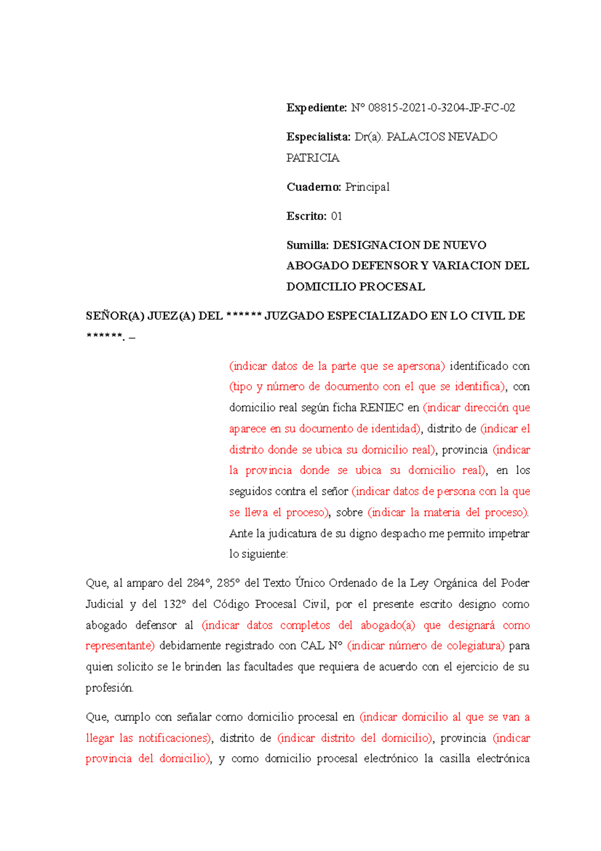 Modelo DE Escrito Designando Abogado Defensor - Expediente: N° 08815 ...