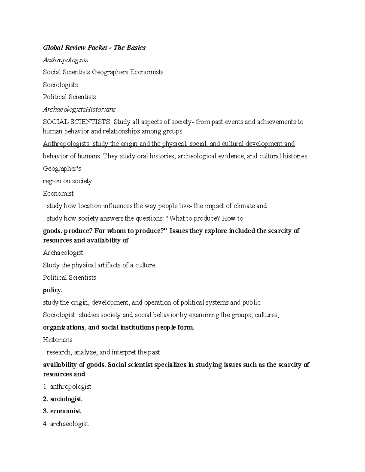 History notes pt1 Global Review Packet The Basics Anthropologists