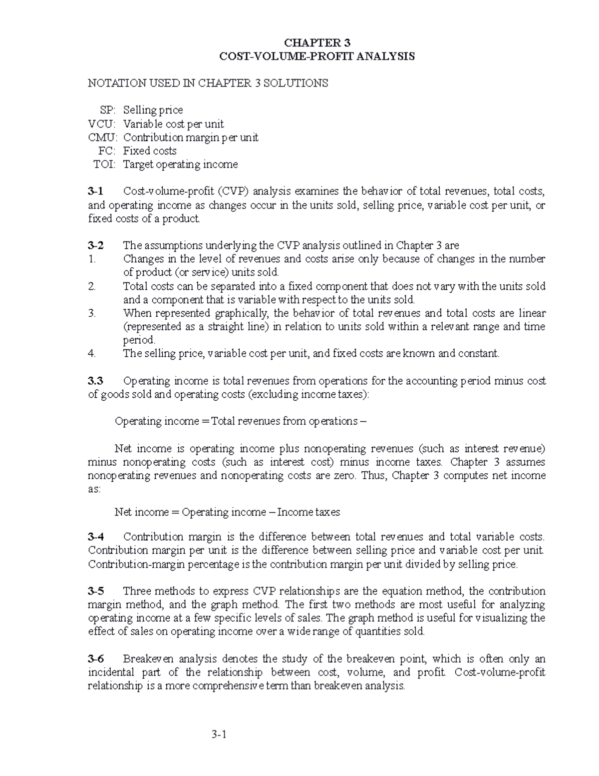Cost accounting manual solution 15th edi CHAPTER 3 COSTVOLUMEPROFIT ANALYSIS NOTATION USED