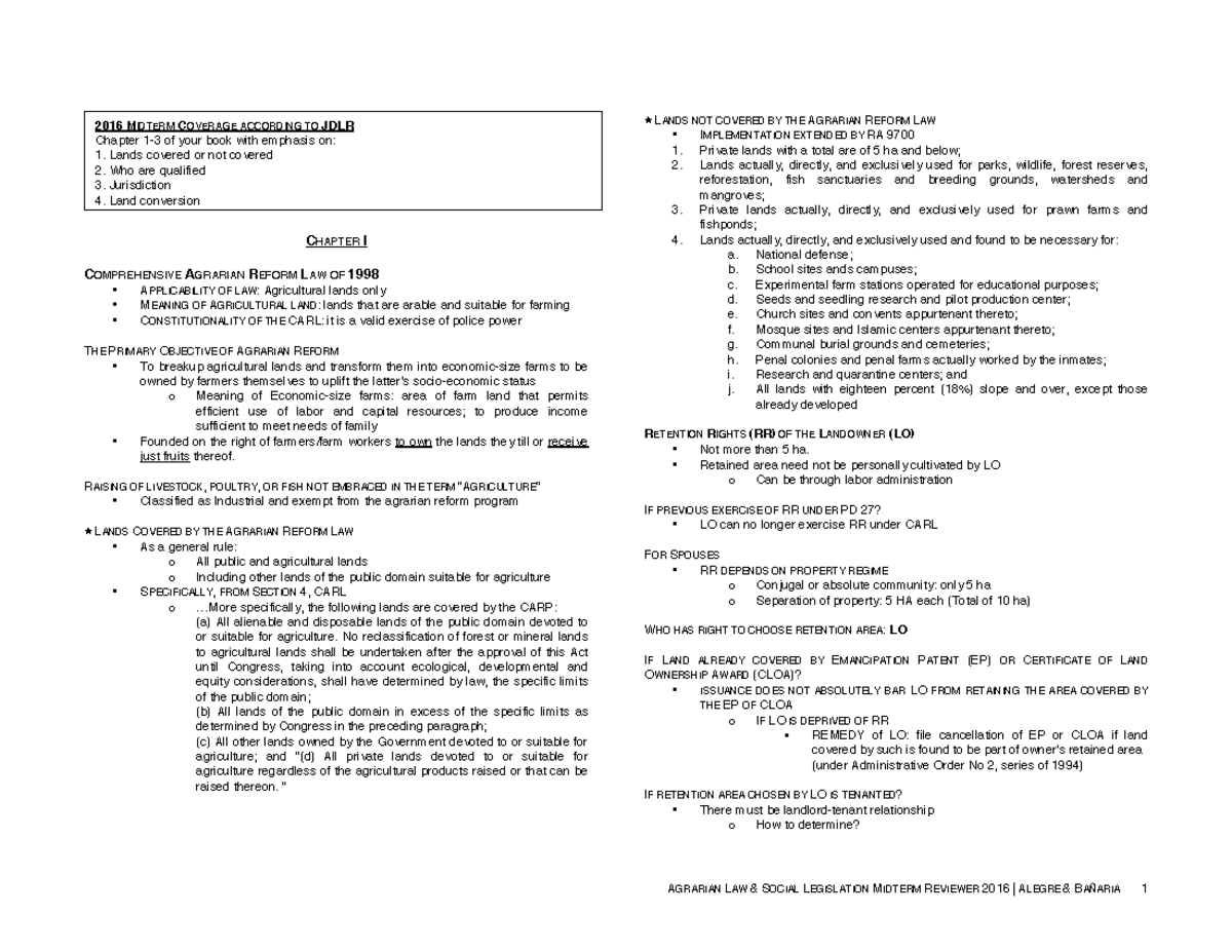 Agrarian Law Midterm Reviewr - CHAPTER I COMPREHENSIVE AGRARIAN REFORM ...