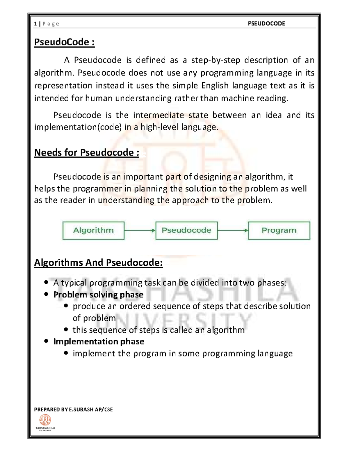 Pseudo Code PSA - 1 | P a g e PSEUDOCODE PREPARED BY E AP/CSE ...