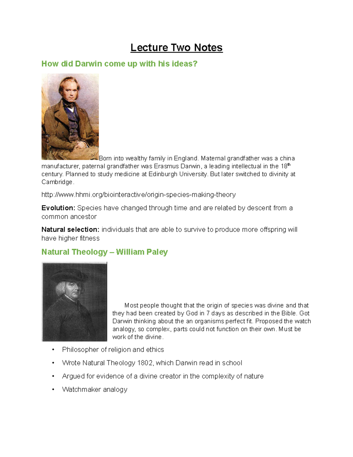 Lecture Two Notes pt 1 Darwin, Lamarck, Paley. Dr. Heidinger
