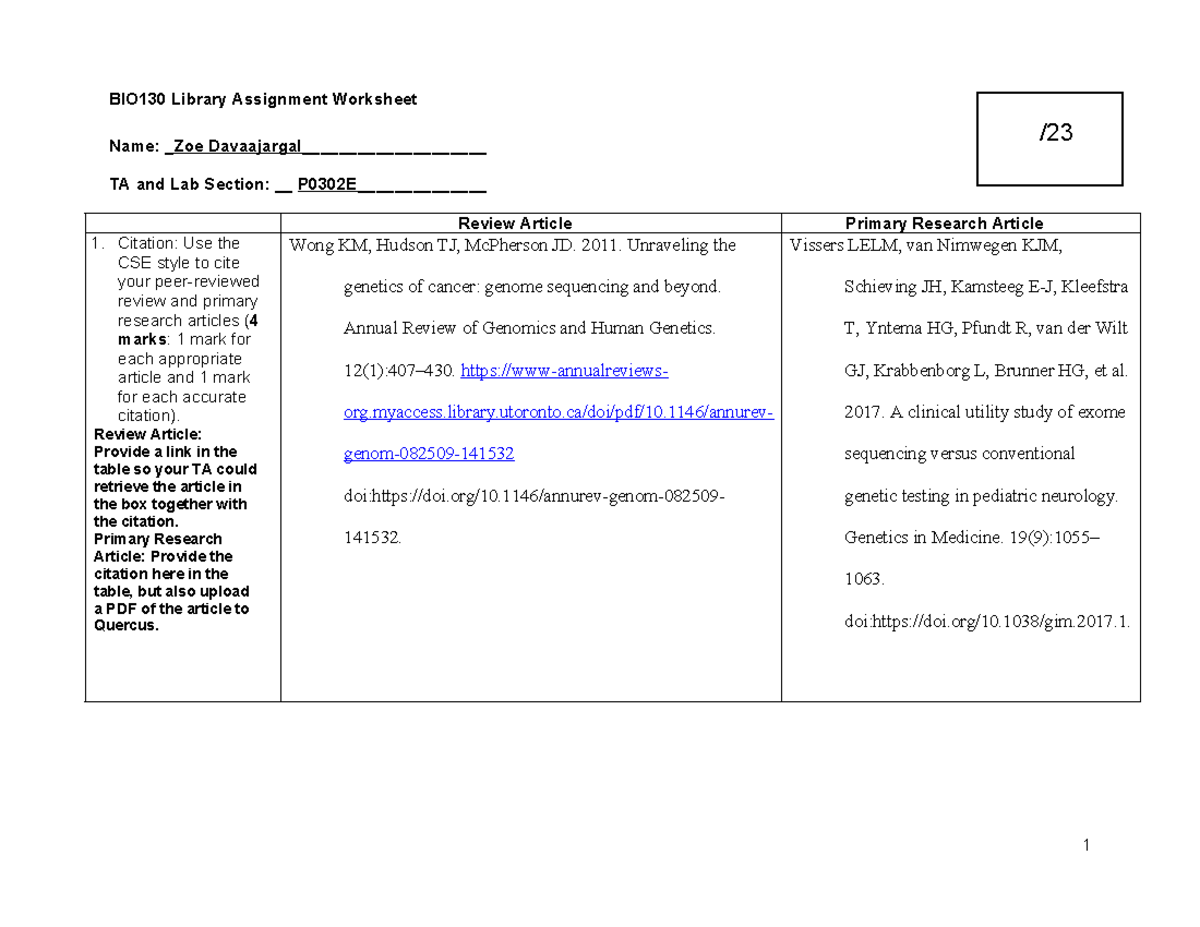 BIO130 Library Assignment Worksheet Version 2 2023 - BIO130 Library ...