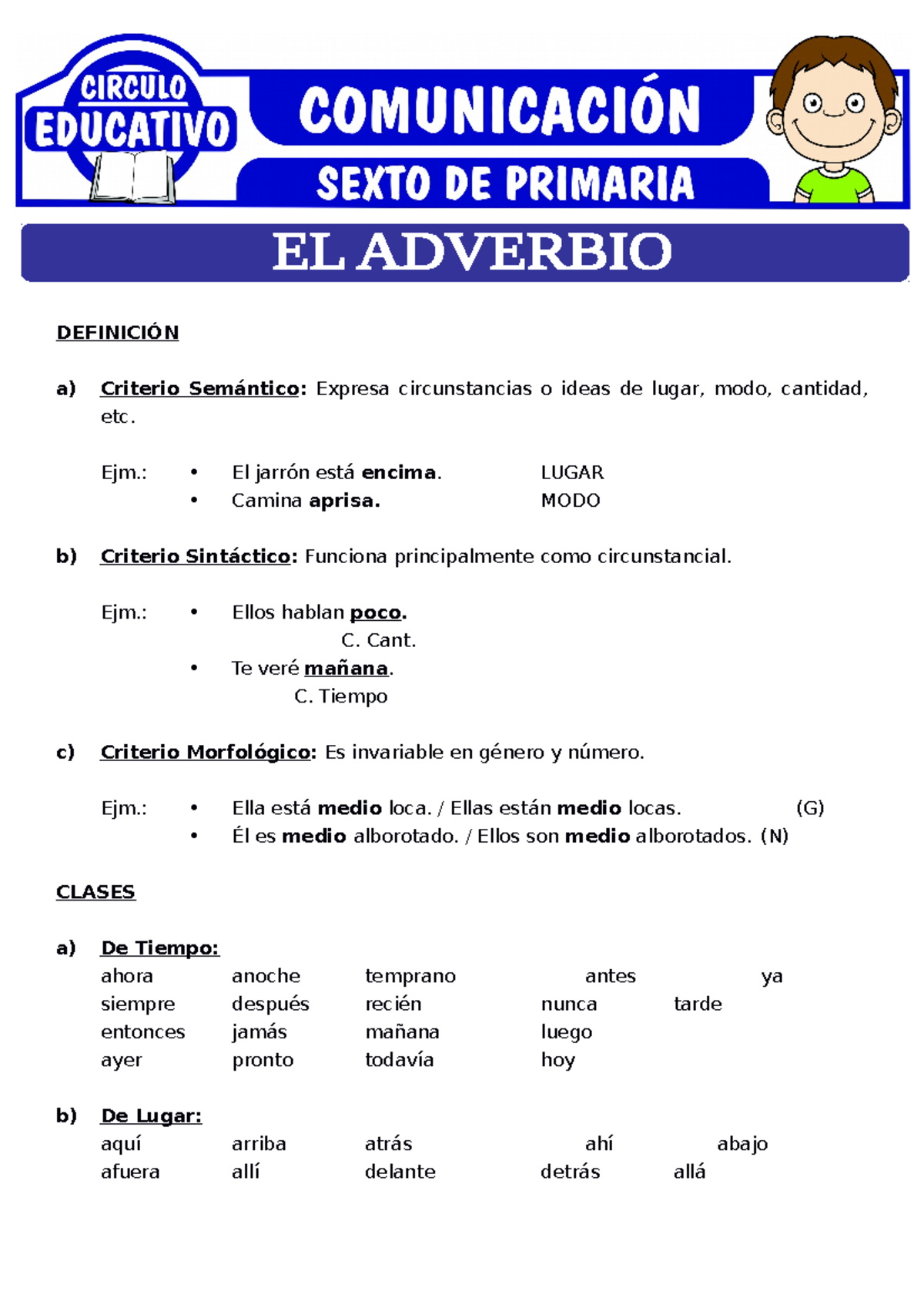 Definicion Y Clases De Adverbio Para Sexto De Primaria DefiniciÓn A