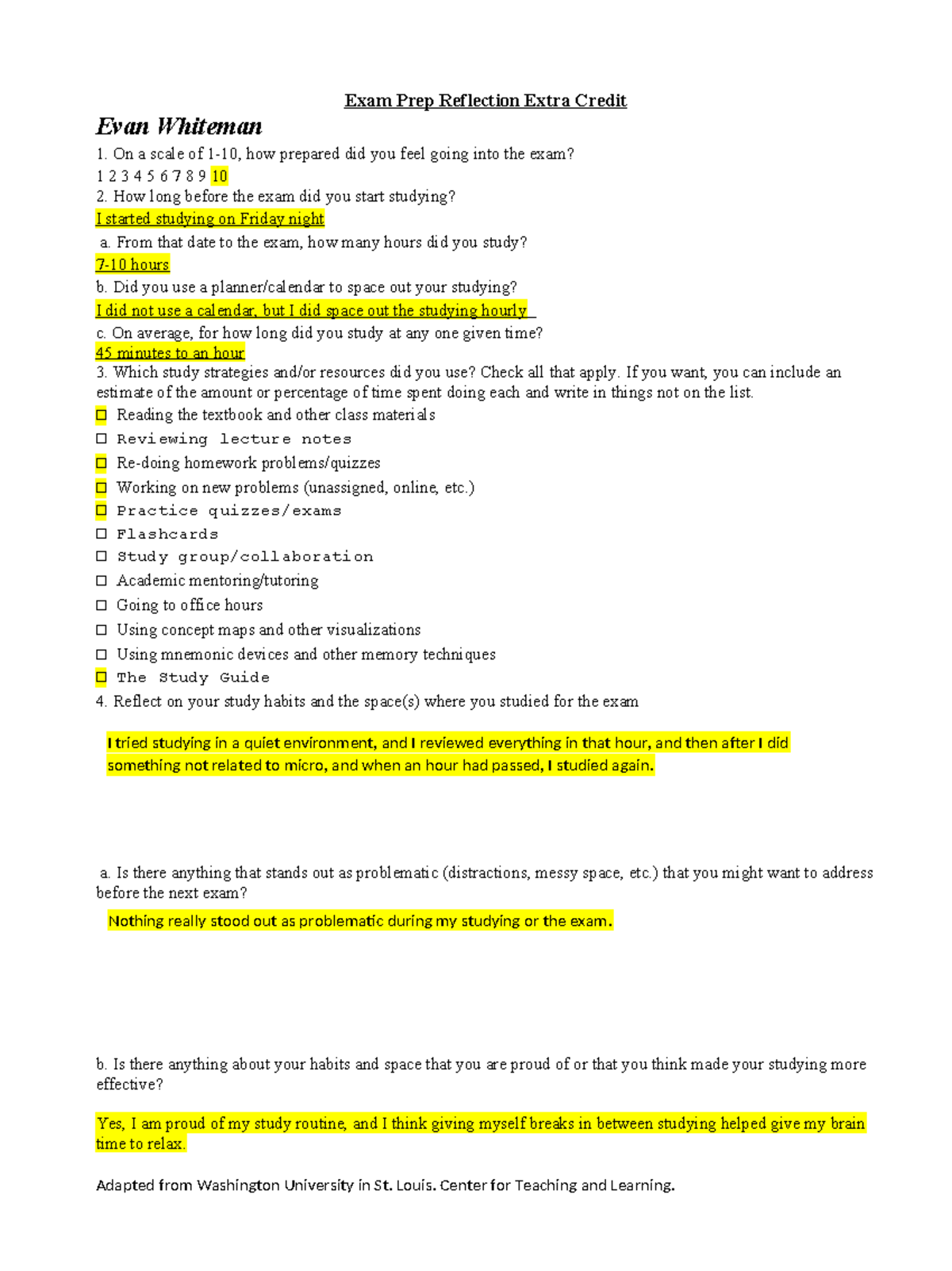 Exam Prep Reflection Extra Credit-1 - On a scale of 1-10, how prepared ...