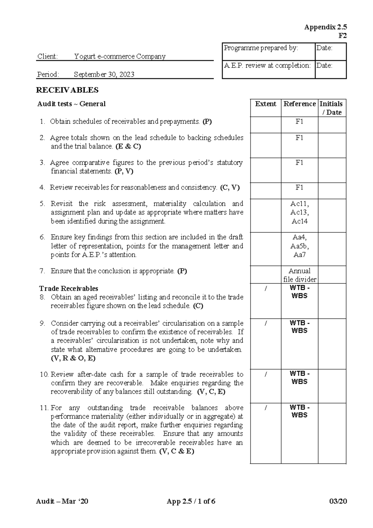 Receivables Audit Programme - F Client: Yogurt e-commerce Company ...