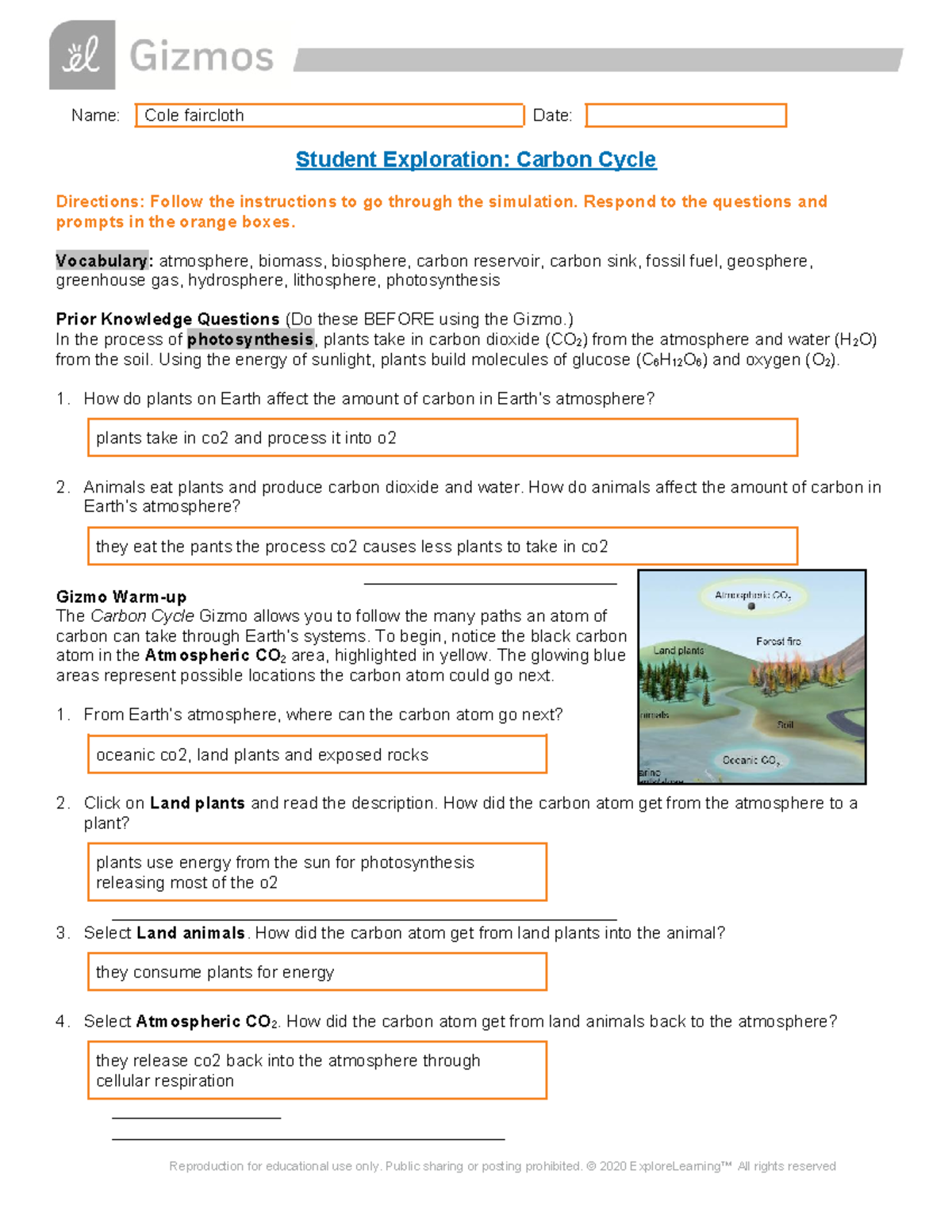 Carbon Cycle Gizmo - Name: Cole Faircloth Date: Student Exploration ...