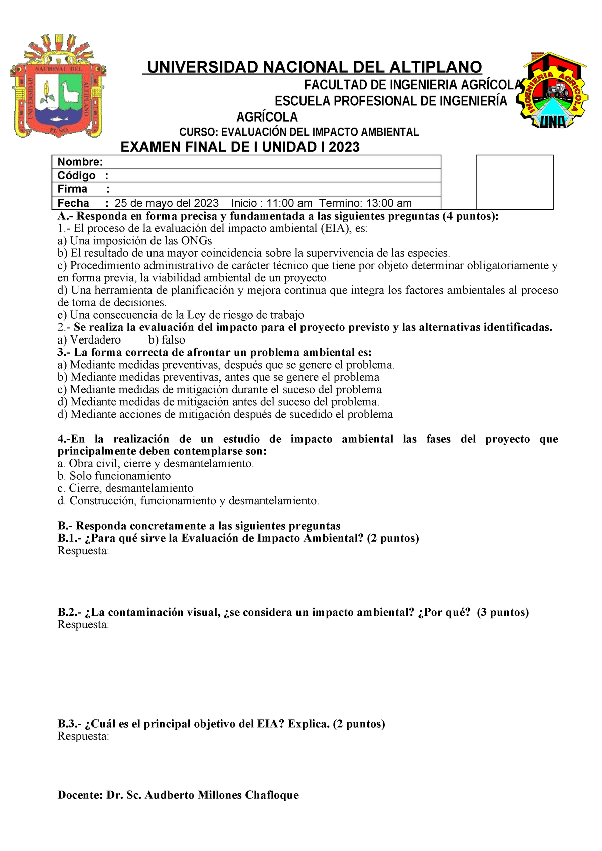 Examen Final I Unidad Universidad Nacional Del Altiplano Facultad De