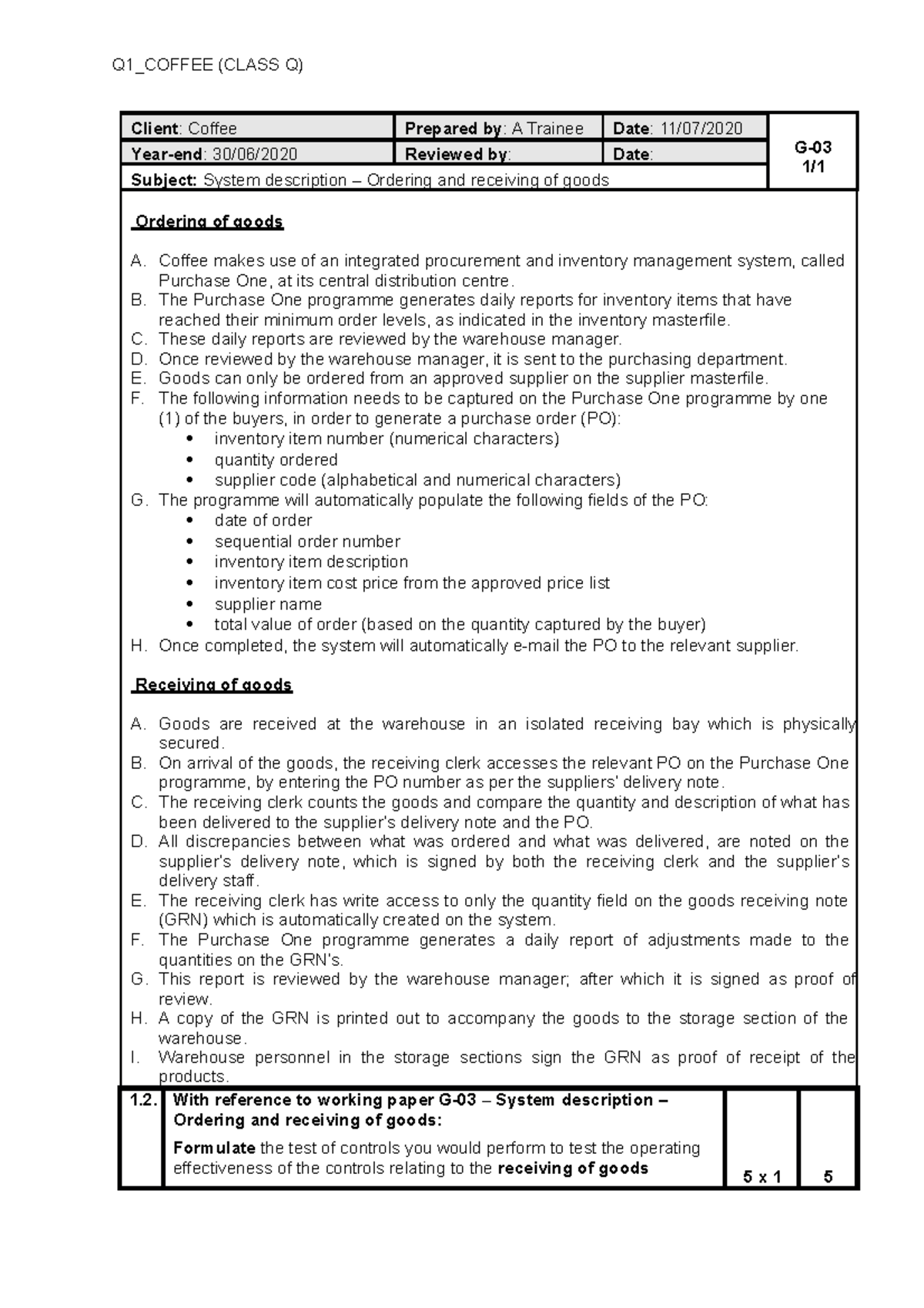 Q1- Coffee - Assessments and tests for auditing procedures - Q1_COFFEE ...