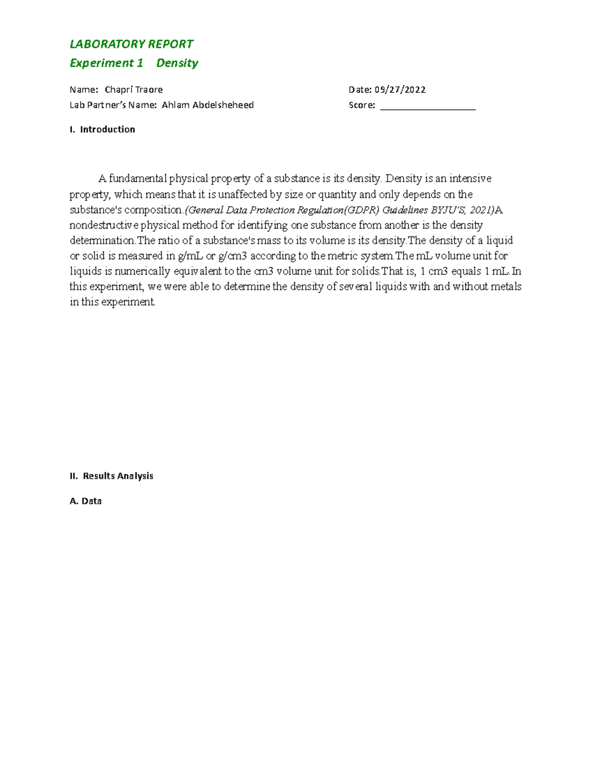 Exp 1 Density Lab introduction, discussion, conclusion, data sheets